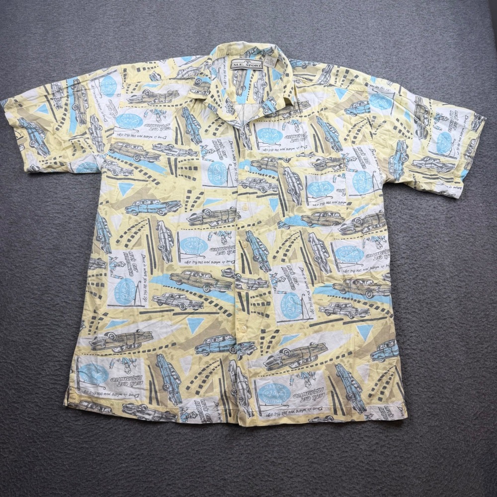 M.E. Sport Button Down Shirt Men Medium Yellow Vintage Classic Car Print Novelty